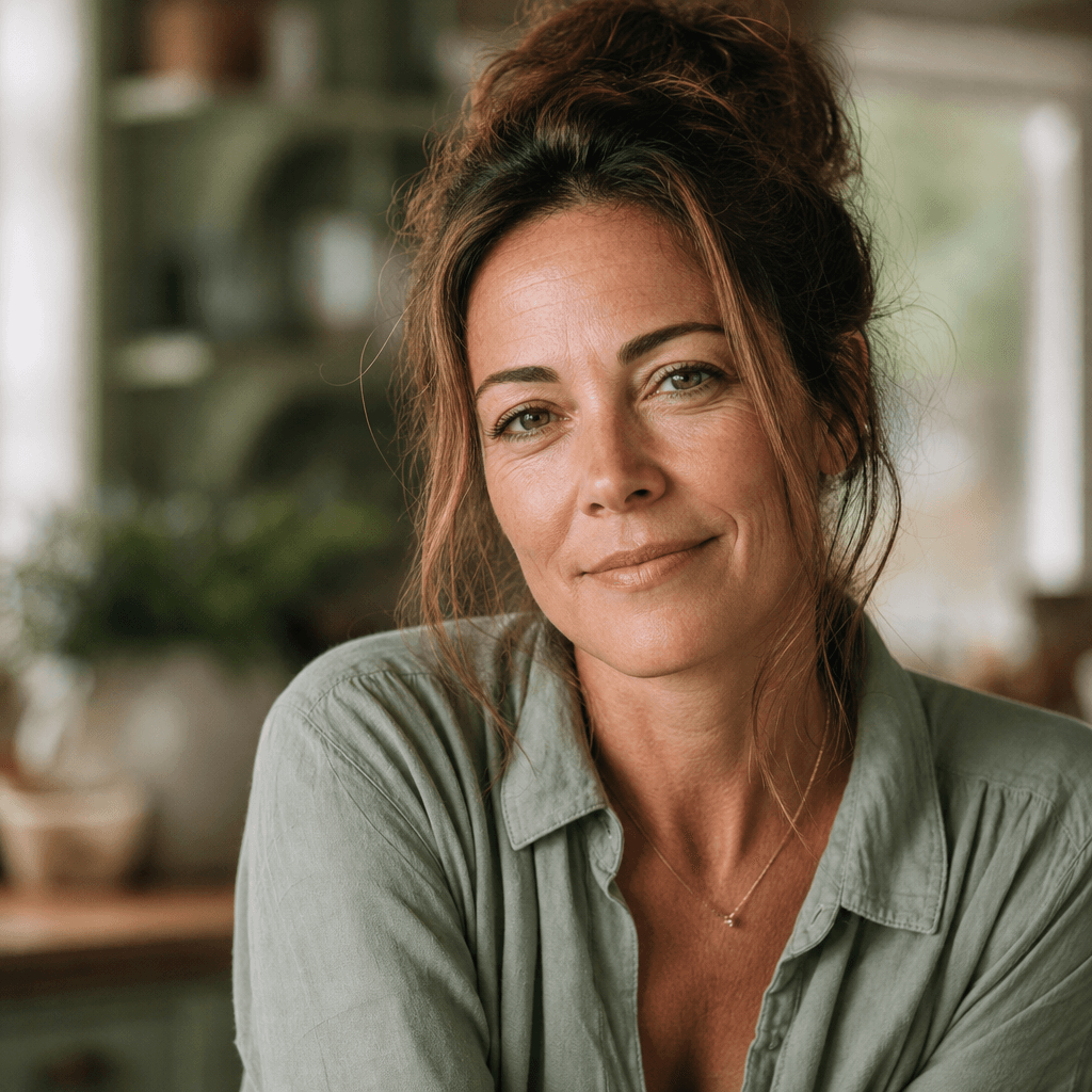 Lena, a woman in her forties managing a busy household from her kitchen