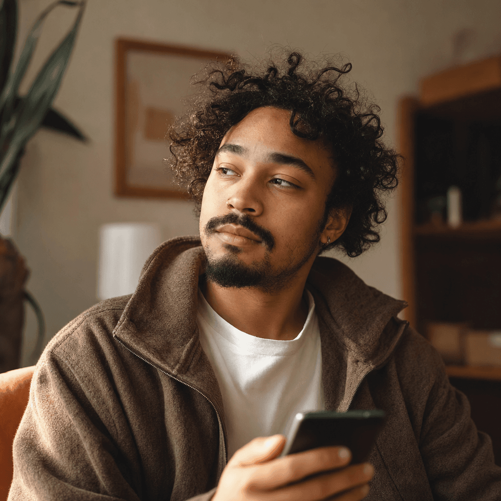 Marcus, a renter in his late twenties, holding a phone in a relaxed home setting