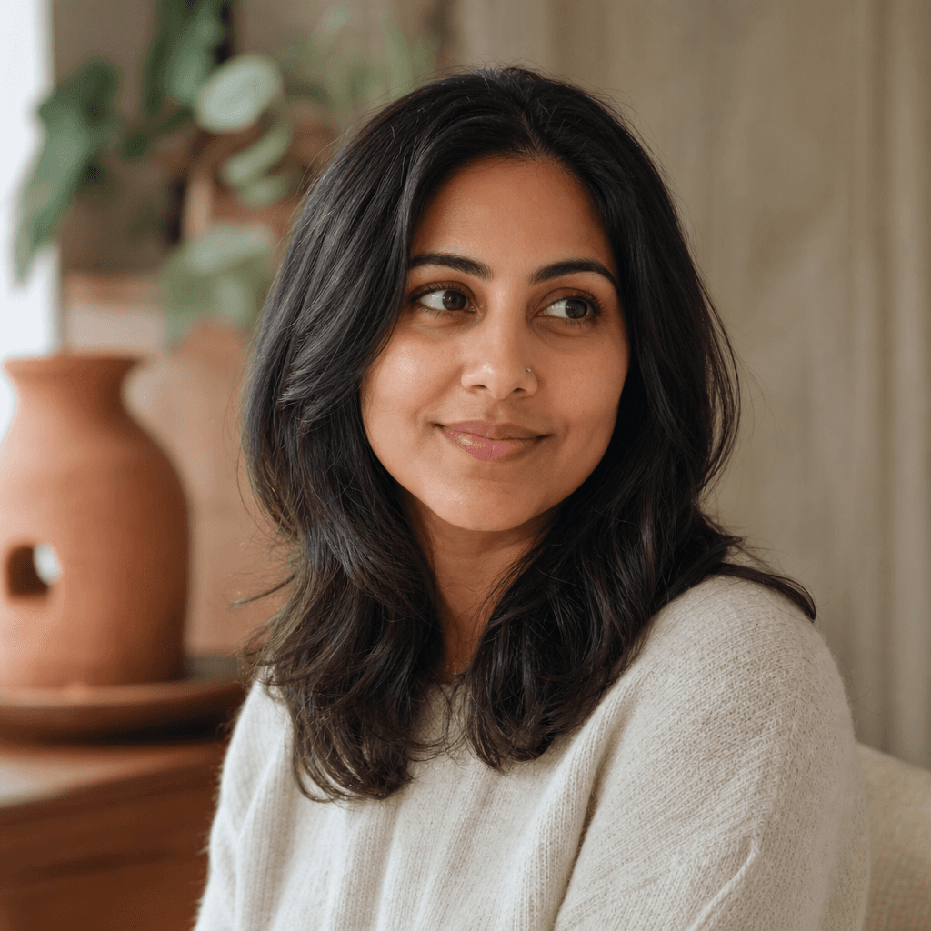 Priya, a homeowner in her thirties, sitting calmly in a warm living room